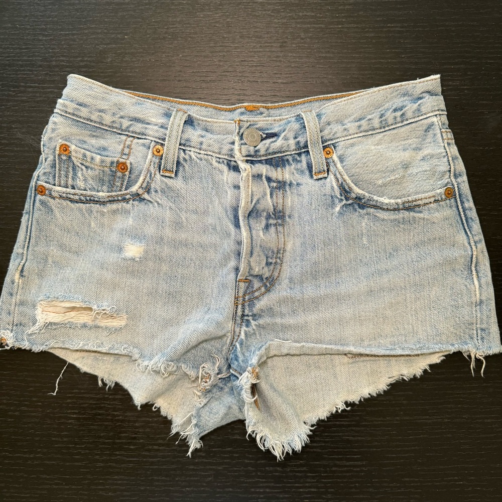 Levi's Womens Denim Shorts Distressed Raw Hem Mid Rise Light Wash Blue